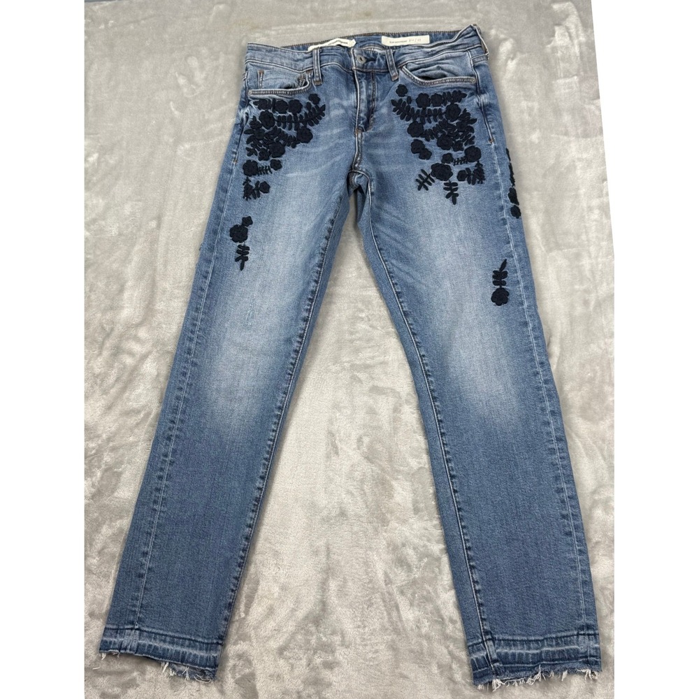 Pilcro and the Letterpress Slim Boyfriend Embroidered Jeans Blue 27 Raw Hem